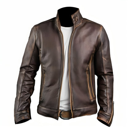 Men’s Vintage Cafe Racer Motorcycle Retro Biker Waxed Brown Leather Jacket