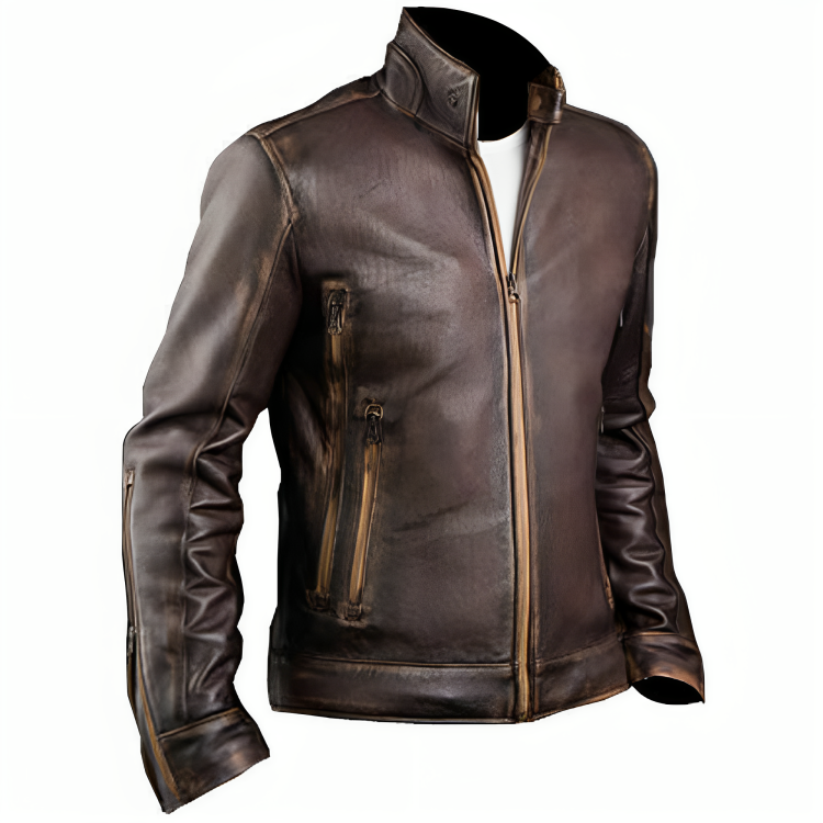 Men’s Vintage Cafe Racer Motorcycle Retro Biker Waxed Brown Leather Jacket