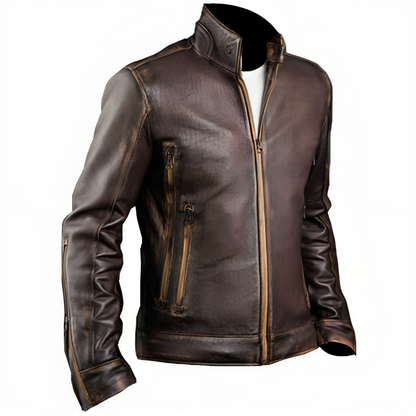 Men’s Vintage Cafe Racer Motorcycle Retro Biker Waxed Brown Leather Jacket
