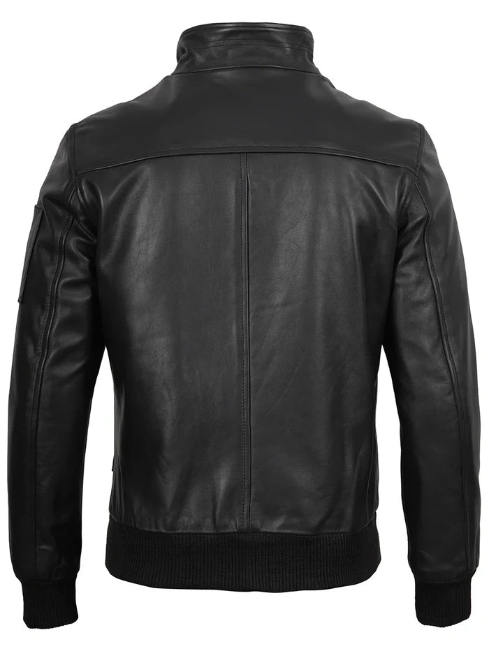 Mens Black Real Cowhide Leather Bomber Jacket