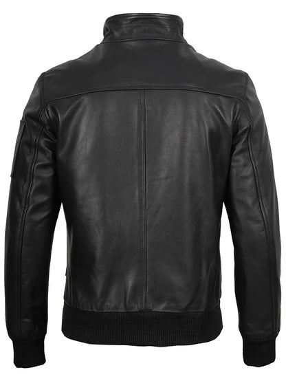 Mens Black Real Cowhide Leather Bomber Jacket