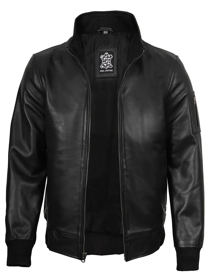 Mens Black Real Cowhide Leather Bomber Jacket