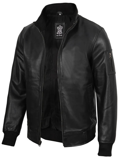 Mens Black Real Cowhide Leather Bomber Jacket