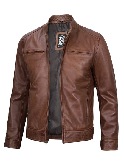 Real Leather Men's Cognac Cafe Racer Jacket
