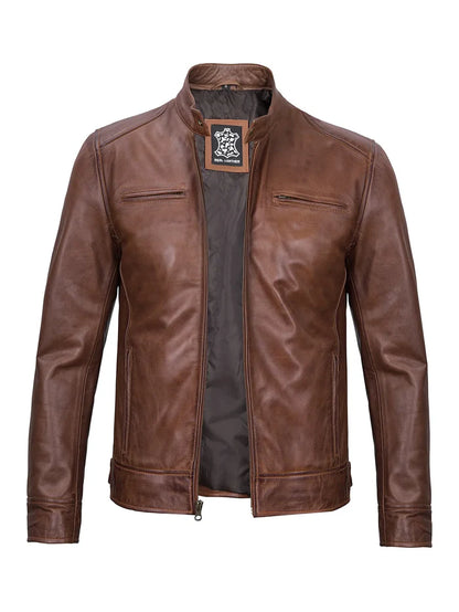 Real Leather Men's Cognac Cafe Racer Jacket