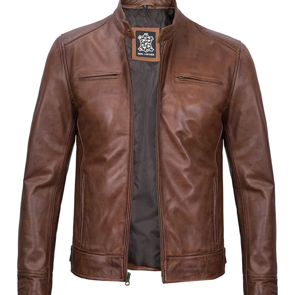 Real Leather Men's Cognac Cafe Racer Jacket