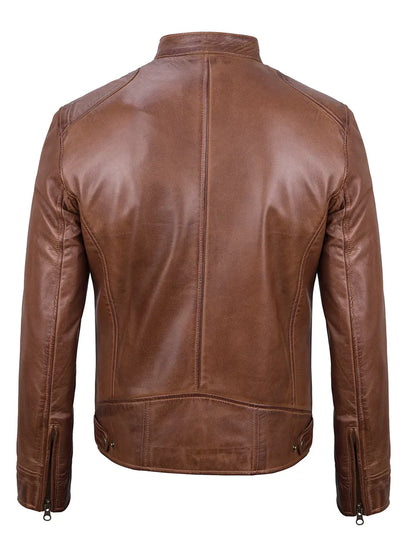 Real Leather Men's Cognac Cafe Racer Jacket